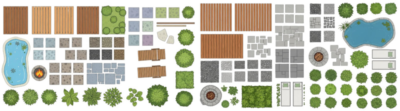 Vector Top View Landscape Garden Design Set Featuring Decking, Paving, and Fire Pit for Site Plans
