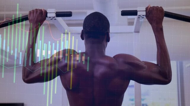 Man gripping pull-up bar and performing pull-ups in gym, animated data bars tracking strength
