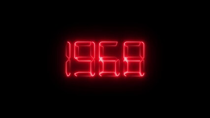 Neon red digital LED numbers display showing 1968 on black background, glowing electronic number animation, retro futuristic time and year concept, scoreboard and countdown style - Powered by Adobe