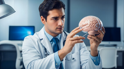 Young doctor examining a human brain model in a modern medical office