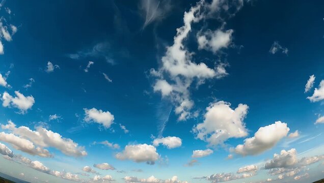 stunning 4K hyperlapse showing panoramic sky filled with smooth thin clouds floating gently across bright blue space creating soft atmospheric view ideal for wea r mes nature backgrounds or uplifting