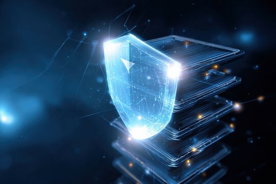 Digital security shield protecting data layers in a blue futuristic digital concept