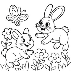 Two Cute Cartoon Rabbits in a Garden with Butterfly Colouring Page