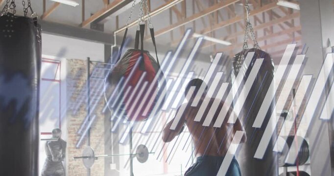 Male boxer raising gloves, throwing jabs and hooks at red angled bag, overlay bars partly obscuring