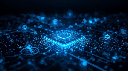 Closeup of a glowing blue central processing unit chip on a futuristic digital circuit board, representing artificial intelligence and advanced technology