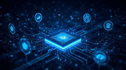 Futuristic glowing blue central processing unit or microchip on a dark circuit board with interconnected digital icons representing various technology concepts in a hightech abstract background