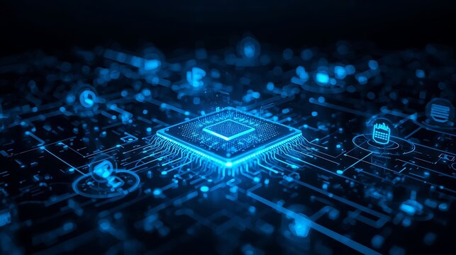 Closeup of a glowing blue central processing unit chip on a futuristic digital circuit board, representing artificial intelligence and advanced technology - Powered by Adobe