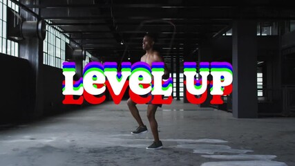 Man starting jump-rope with rope swing, performing fitness training while LEVEL UP overlaying legs