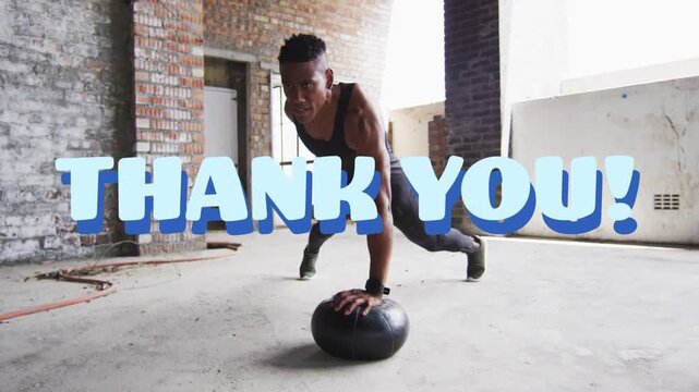 Starting plank on medball, fitness trainer shifting to stabilize while THANK YOU overlay appearing