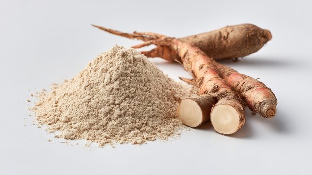 Raw cassava roots and flour pile, healthy ingredient
