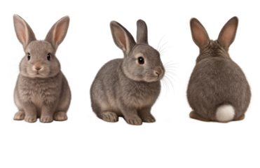 Cute Gray Easter Bunny Set — Front, Isometric, Back View — PNG Isolated