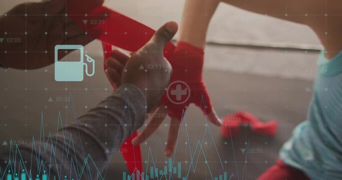 Trainer reaching, wrapping trainee hand in red wraps on mat, aqua charts and icons rising, boxing