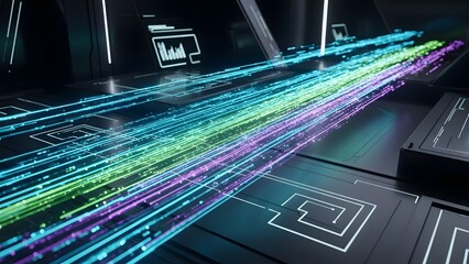 Digital information superhighway with vibrant light streams across a circuit board