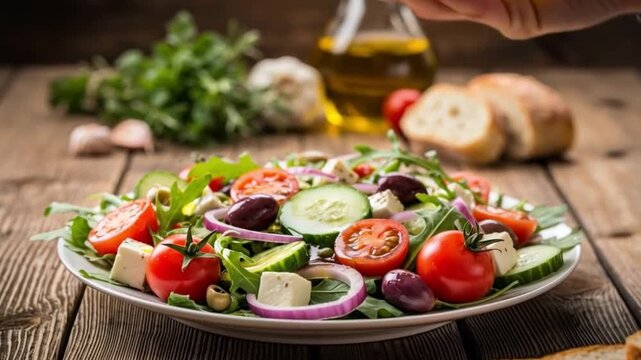 Aceite de oliva vertido sobre ensalada fresca con vegetales y queso feta