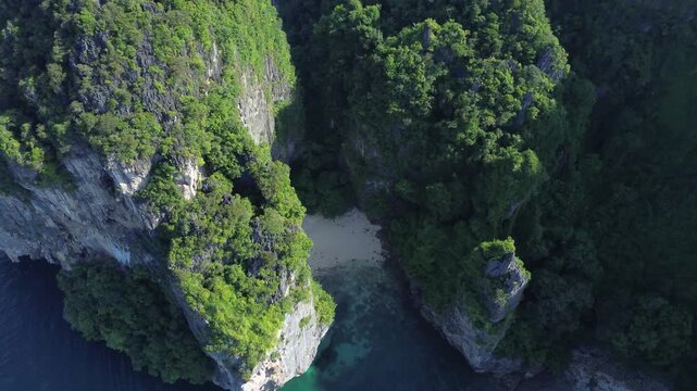 Popular places in Thailand, travel in Thailand. Poda Island, a secret lagoon behind the island. General view from a great height.