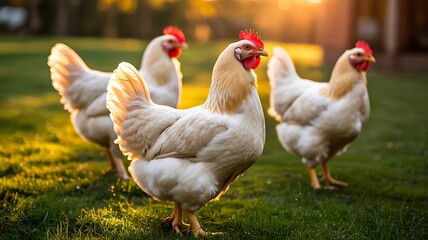 Fototapeta premium Free range chickens standing on green farm field during warm sunset