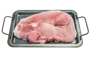 Fresh raw pork shoulder with bone on baking tray white background uncooked meat joint for butcher preparation bbq and home cooking
