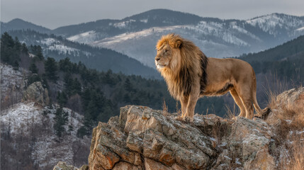Majestic lion standing on rocky cliff overlooking snowy mountain valley, noble expression in cold light
