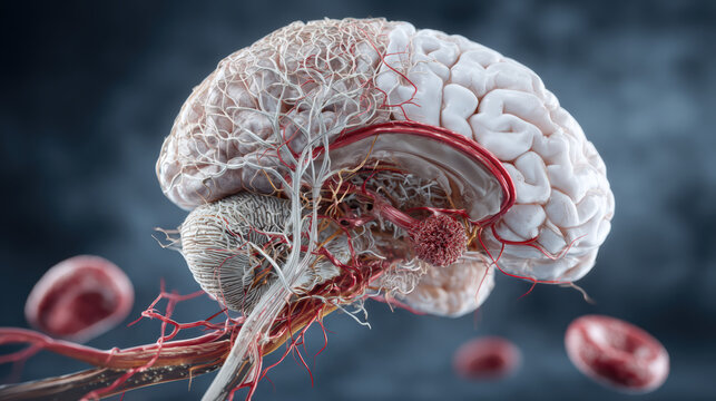 Detailed medical illustration of human brain vasculature and neural structures with red blood cells and vascular tumor, dramatic anatomical