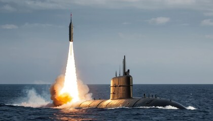 Obraz premium Missile launch from submarine during conflict scenario in vast ocean waters Generative AI