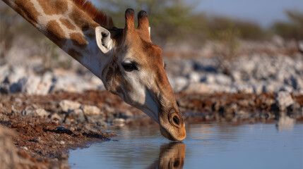 Obraz premium Giraffe drinking water at natural waterhole in dry savanna, calm reflective moment with warm light