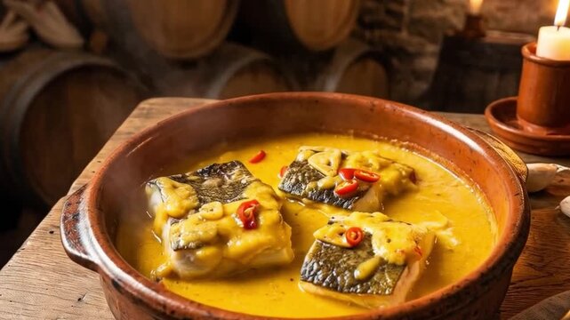 Bacalao al pilpil tradicional servido en cazuela de barro en una taberna r&uacute;stica vasca con barricas de sidra y velas encendidas
