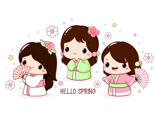 Spring greeting card with cute little girls with fans in kawaii style. Hanami season collection of Japanese traditional toy kokeshi doll in kimono. Vector illustration EPS8 