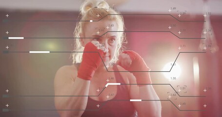 Woman boxer starting high guard, throwing jabs and crosses for boxing HUD overlay guiding technique