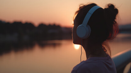 Young woman headphones sunset listening to music serene waterfront portrait