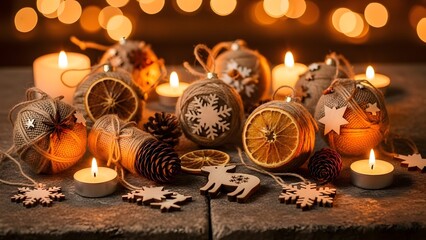 Rustic handmade christmas ornaments with dried orange slices and warm candlelight create a cozy holiday scene