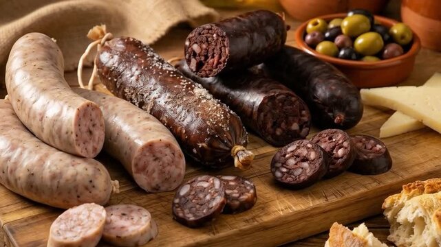 Tabla r&uacute;stica de embutidos tradicionales con butifarras blancas y negras, acompa&ntilde;adas de queso curado, pan artesanal y aceitunas variadas, sobre mesa de madera con utensilios de cer&aacute;mica.