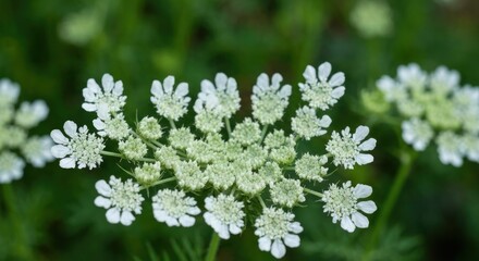 Fototapeta premium Close-up of a cluster of delicate white flowers, a central blossom with many small petals radiating outwards
