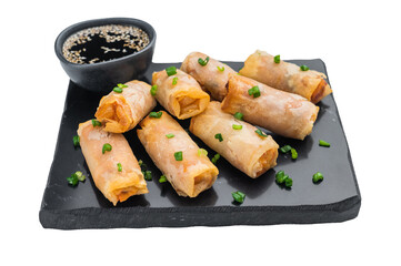 Fried Asian spring rolls Lunpia with scallions and soy sauce top view modern food presentation
