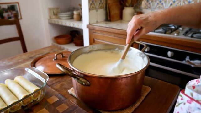Abuela cocinando canelones caseros en cocina tradicional decorada con azulejos y recuerdos familiares.