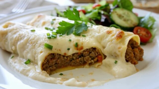 Plato de canelones caseros con ensalada fresca y copa de vino tinto en mesa iluminada por luz natural.