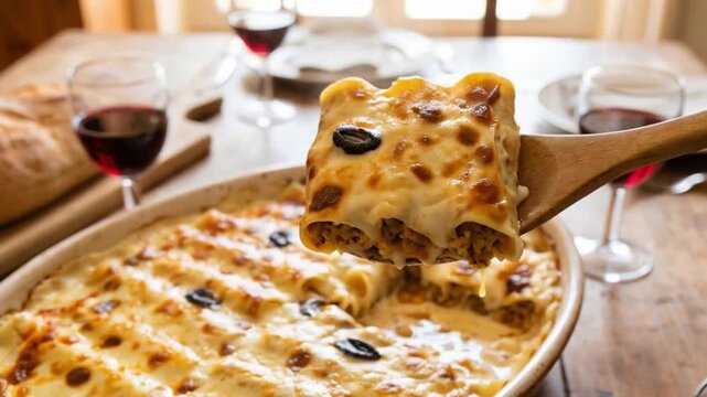 Bandeja de canelones reci&eacute;n horneados con bechamel y queso gratinado servida con vino tinto y pan r&uacute;stico sobre mesa de madera.