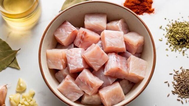 Ingredientes tradicionales para preparar caz&oacute;n en adobo andaluz: trozos de caz&oacute;n crudo acompa&ntilde;ados de ajo, laurel, vinagre, sal, comino, or&eacute;gano, piment&oacute;n y especias sobre fondo blanco.