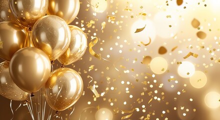 Festive gold balloons, confetti, sparkles, bokeh background. Elegant, celebratory. Banner, Backdrop for Birthday, Happy New Year party.