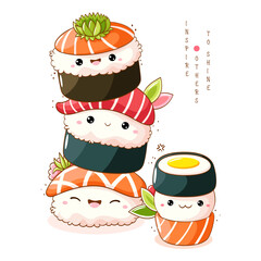Square card with stack of cute sushi in kawaii style with smiling faces. Japanese traditional cuisine dishes. Can be used for t-shirt print, sticker, greeting card, menu design. Vector EPS8  