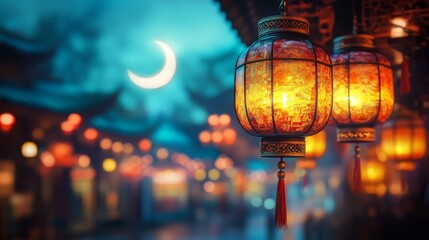 Colorful traditional lanterns glowing warmly on street under crescent moon, symbolizing culture, illumination, celebration, heritage, peace, and spiritual atmosphere in romantic evening city light.
