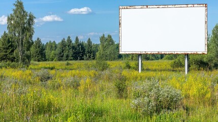 Blank Billboard Stands In Field, Offering Space For Advertising, Nature Backdrop