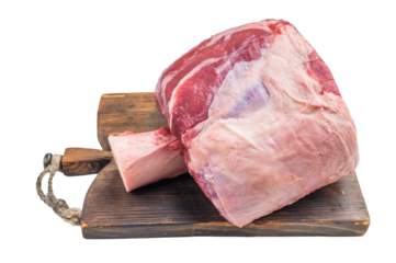 Raw beef shank with bone on wooden board isolated on white background fresh uncooked meat for braising stew and osso buco