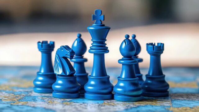 A close-up of a blue chess set on top of a board with map patterns. The focus is on the pieces, including the king and rook.