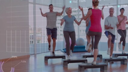 Instructor cueing and leading class stepping on steps while animated charts overlaying fitness data - Powered by Adobe