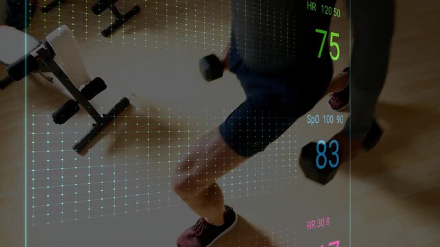 Man holding weights stepping forward, doing alternating lunges for fitness HUD tracking vitals
