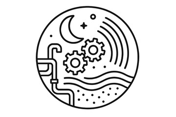 Nocturnal Industry Icon. Line style vector icons of Nocturnal Industry: moonlight gears, soft glow, curved pipes, radiant waves,