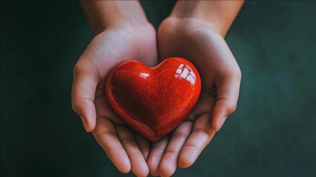 Person's hands gently cradling a heart. Emotional symbolism of love and care.