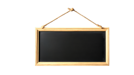 Stylish chalkboard in a gold frame, suspended on a thin rope on a transparent background.