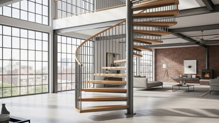 Modern loft interior with spiral staircase and large windows overlooking cityscape
