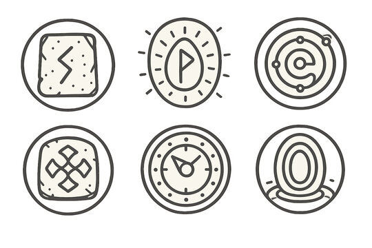 Ancient Interface Icons. Line style round vector icons of Ancient Interfaces: stone tablet, glowing rune, spiral circuit, carved